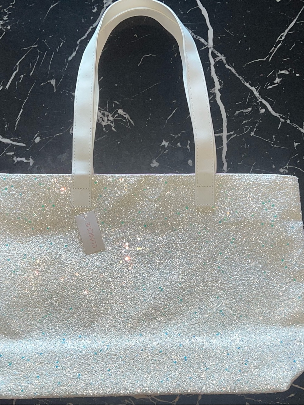 Clinique Sparkling White Glitter Tote with White Handles